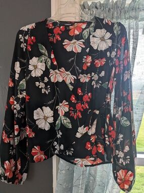 Express Black Floral Wrap Blouse - Red & White Floral